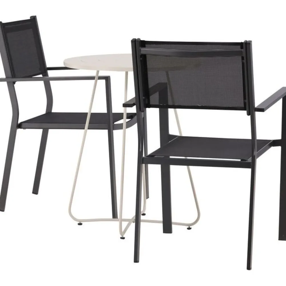 Online Venture Home Parvekeryhmä , ø60cm beige Bacong-pöytä + 2 mustaa, pinottavaa Copacabana-tuolia