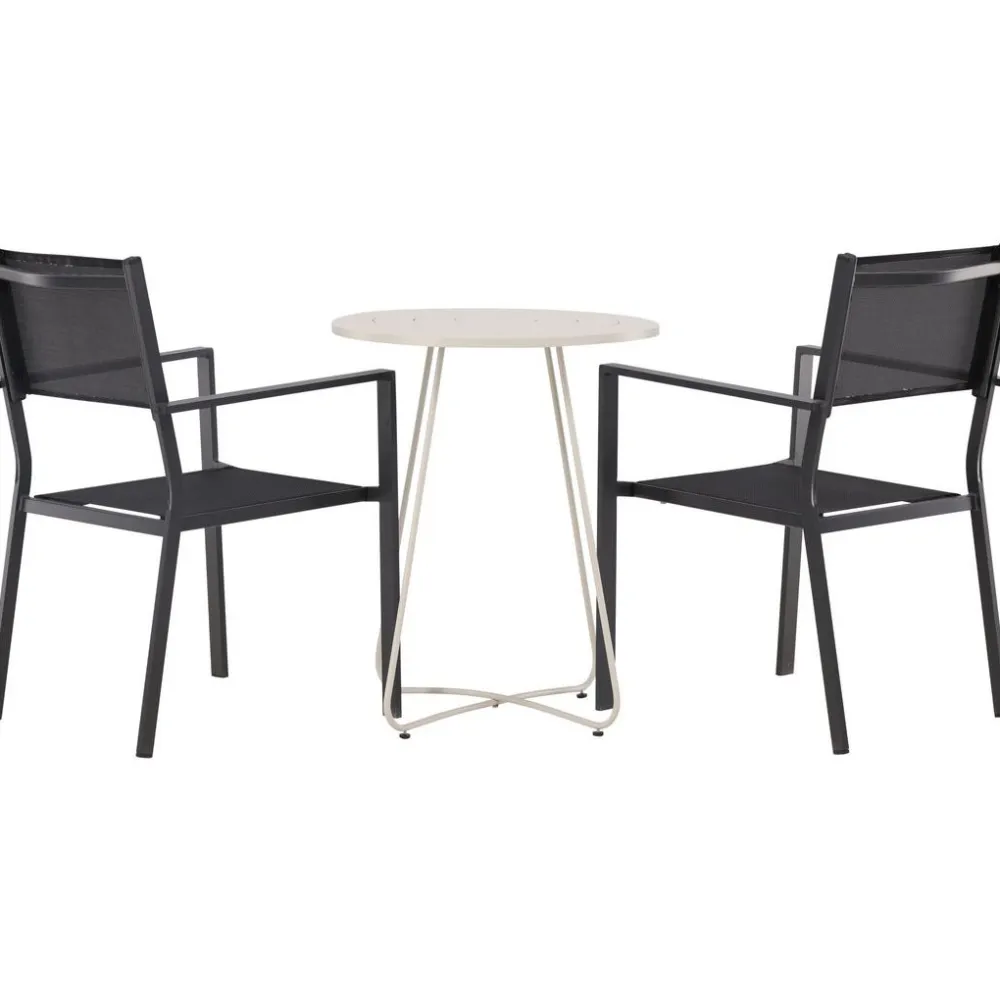 Online Venture Home Parvekeryhmä , ø60cm beige Bacong-pöytä + 2 mustaa, pinottavaa Copacabana-tuolia
