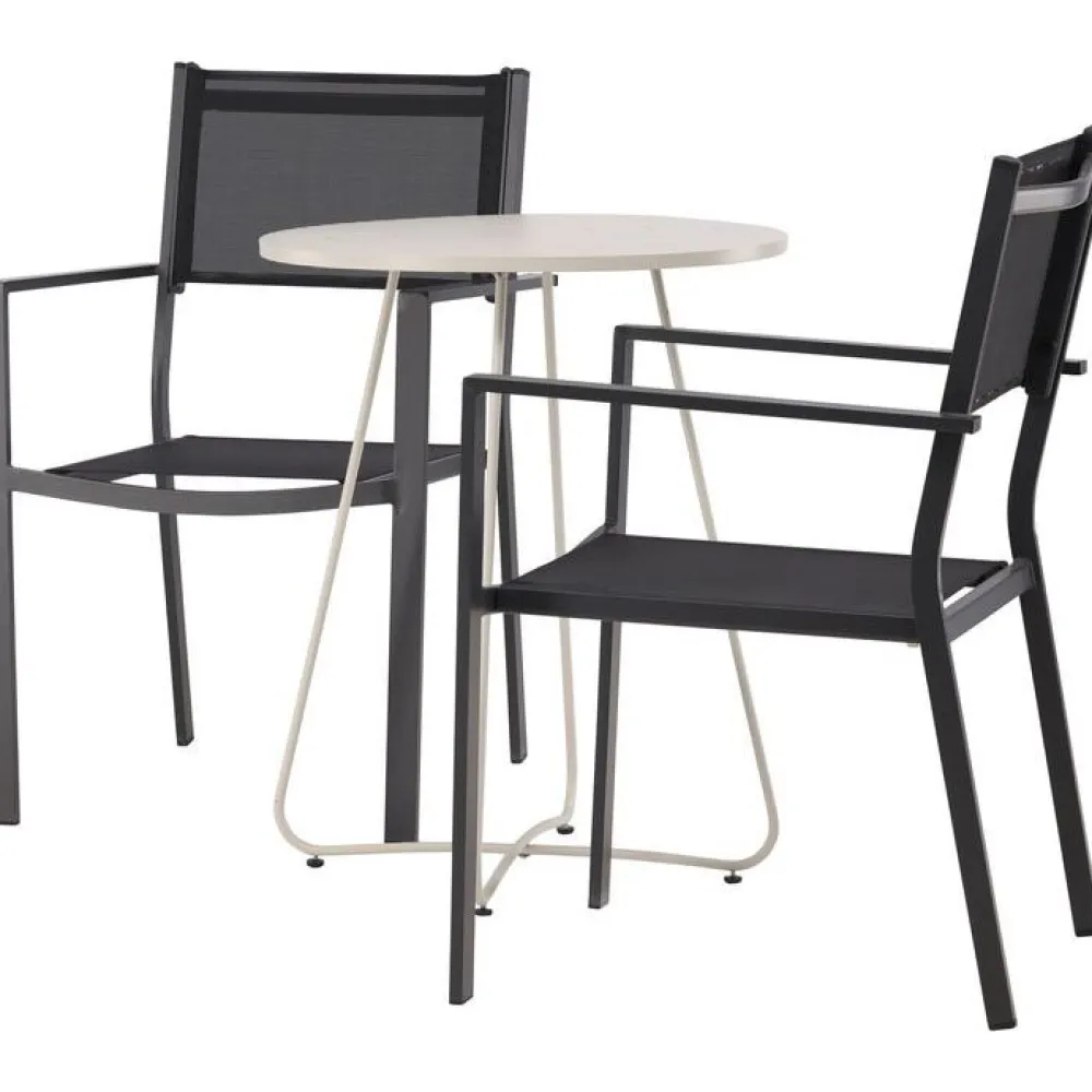 Online Venture Home Parvekeryhmä , ø60cm beige Bacong-pöytä + 2 mustaa, pinottavaa Copacabana-tuolia