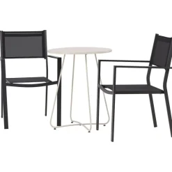 Online Venture Home Parvekeryhmä , ø60cm beige Bacong-pöytä + 2 mustaa, pinottavaa Copacabana-tuolia