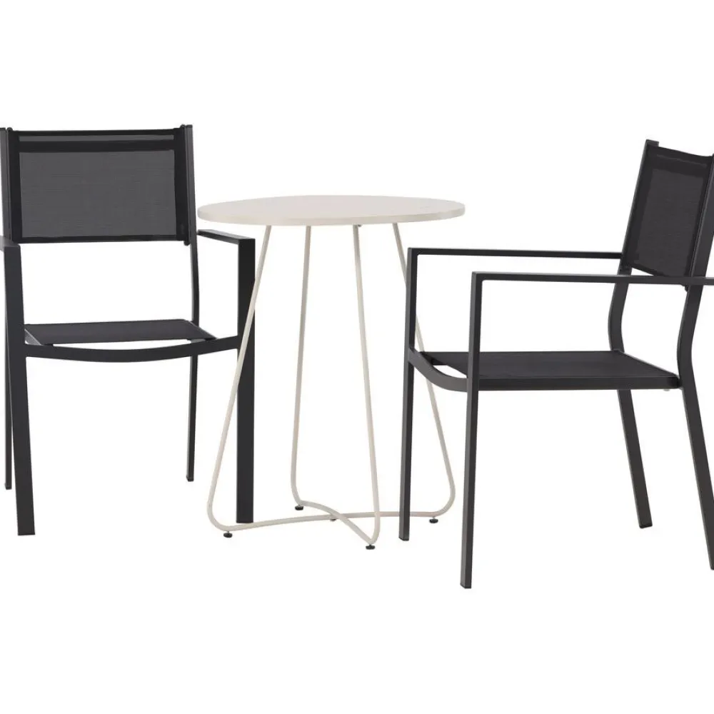 Online Venture Home Parvekeryhmä , ø60cm beige Bacong-pöytä + 2 mustaa, pinottavaa Copacabana-tuolia