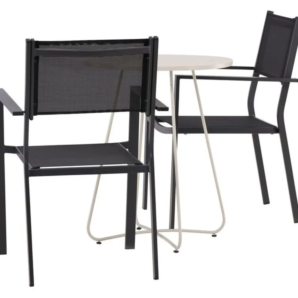 Online Venture Home Parvekeryhmä , ø60cm beige Bacong-pöytä + 2 mustaa, pinottavaa Copacabana-tuolia