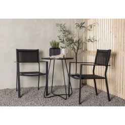 Online Venture Home Parvekeryhmä , ø60cm beige Bacong-pöytä + 2 mustaa, pinottavaa Copacabana-tuolia