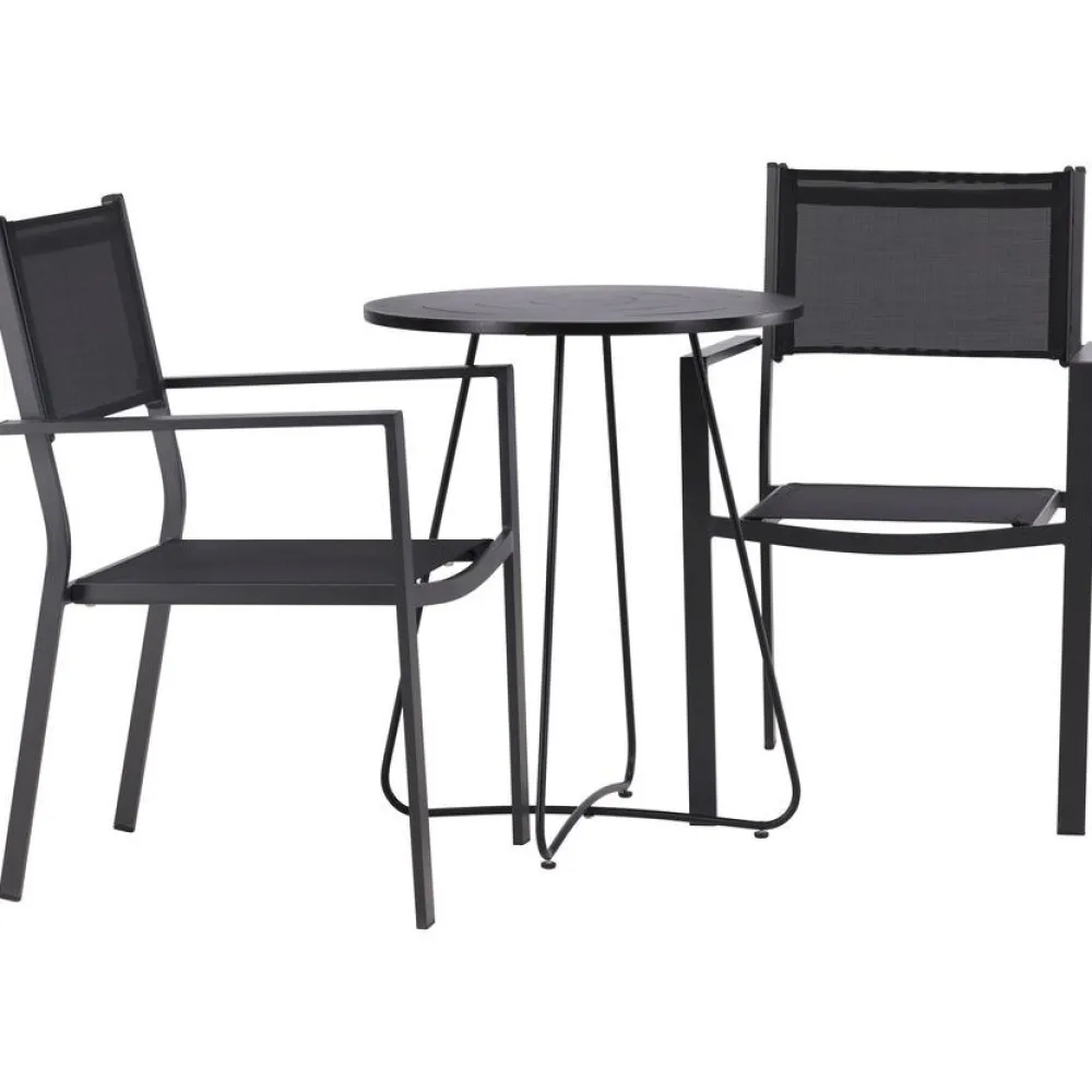 Online Venture Home Parvekeryhmä , ø60cm beige Bacong-pöytä + 2 mustaa, pinottavaa Copacabana-tuolia