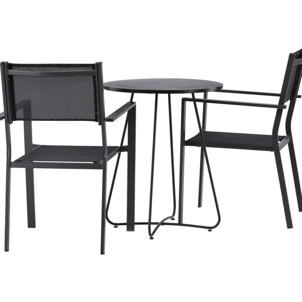 Online Venture Home Parvekeryhmä , ø60cm beige Bacong-pöytä + 2 mustaa, pinottavaa Copacabana-tuolia