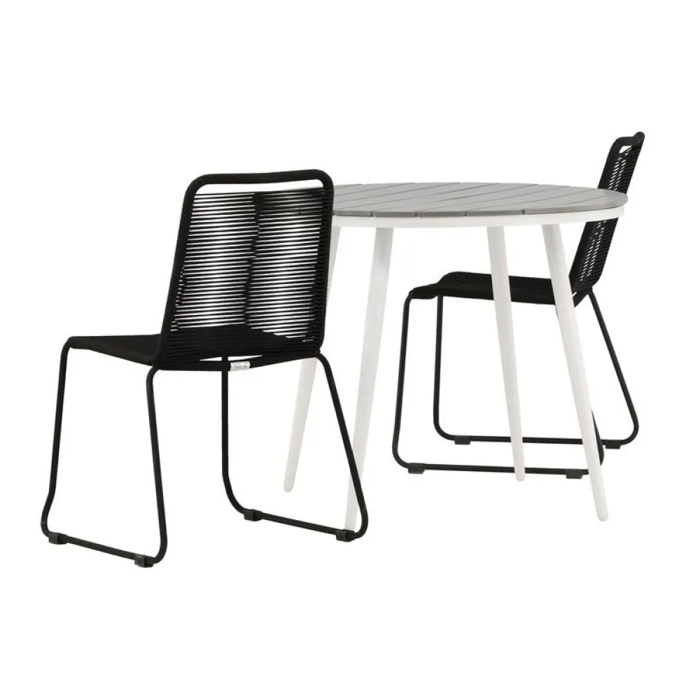 Best Venture Home Parvekeryhmä , ø90cm, harmaa/valkoinen Break-pöytä + 2 mustaa, pinottavaa Lindos-tuolia