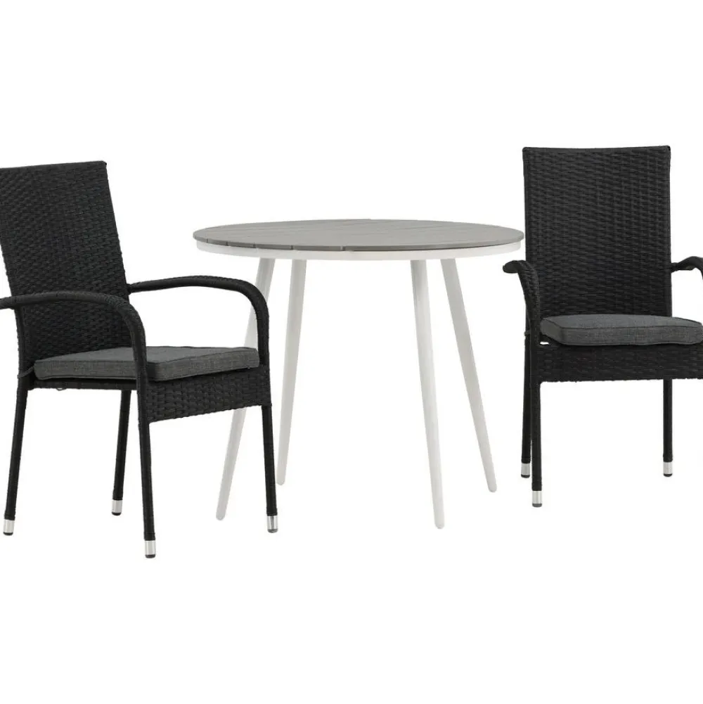Clearance Venture Home Parvekeryhmä , ø90cm, harmaa/valkoinen Break-pöytä + 2 mustaa Anna-tuolia