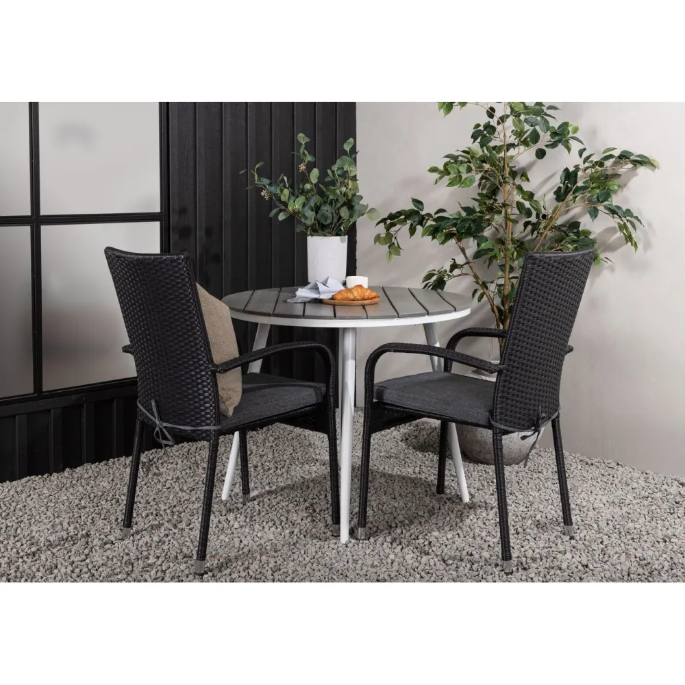 Clearance Venture Home Parvekeryhmä , ø90cm, harmaa/valkoinen Break-pöytä + 2 mustaa Anna-tuolia