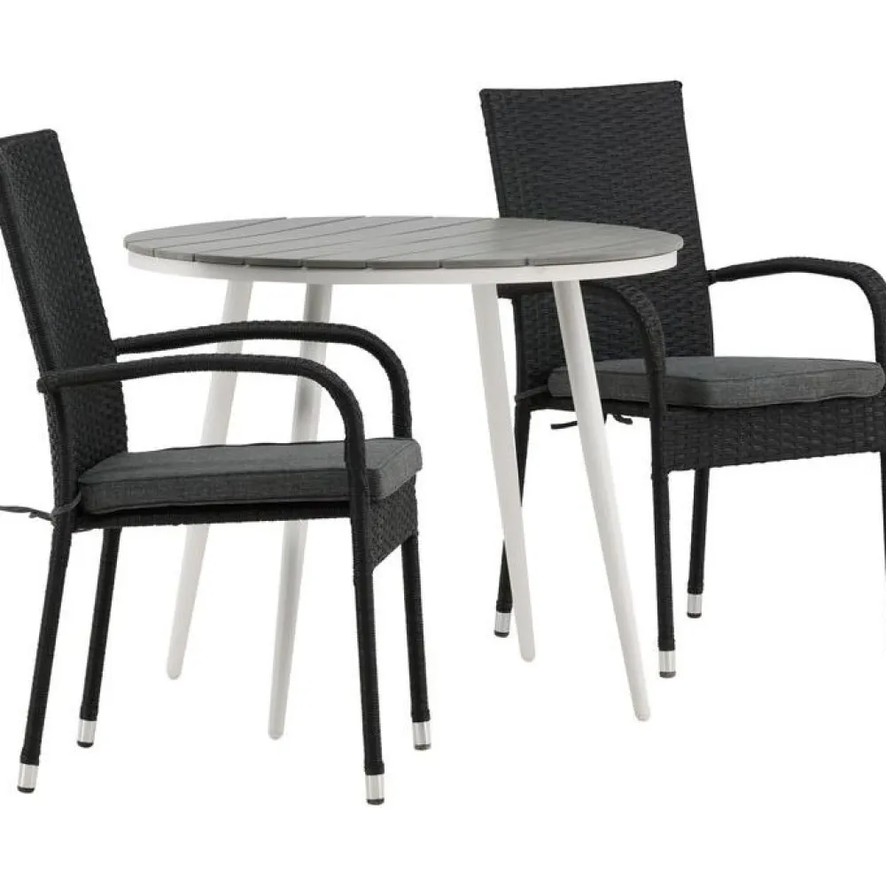 Clearance Venture Home Parvekeryhmä , ø90cm, harmaa/valkoinen Break-pöytä + 2 mustaa Anna-tuolia