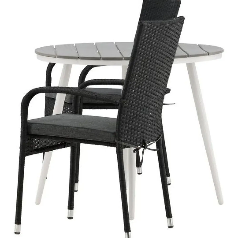 Clearance Venture Home Parvekeryhmä , ø90cm, harmaa/valkoinen Break-pöytä + 2 mustaa Anna-tuolia