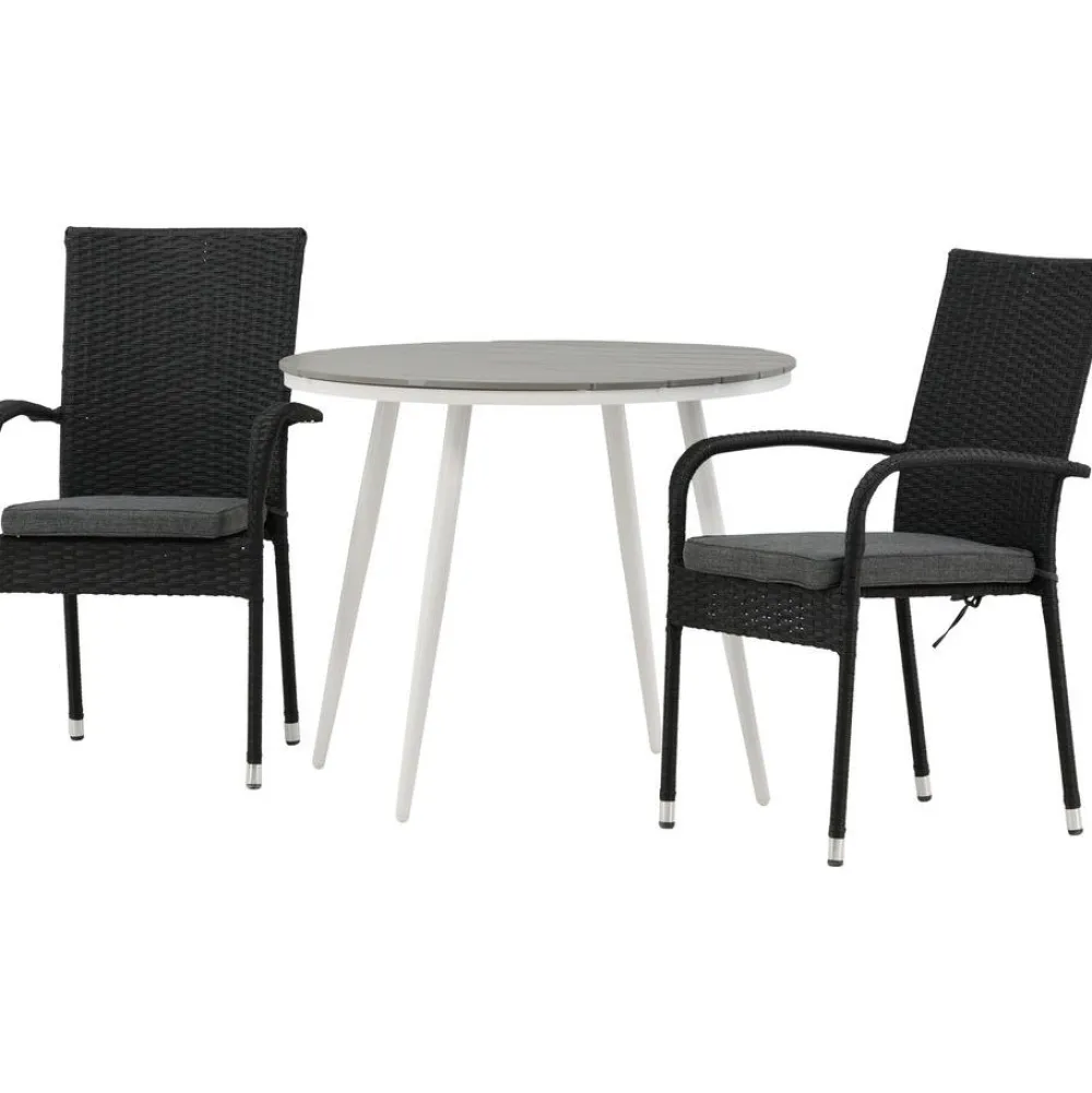 Clearance Venture Home Parvekeryhmä , ø90cm, harmaa/valkoinen Break-pöytä + 2 mustaa Anna-tuolia
