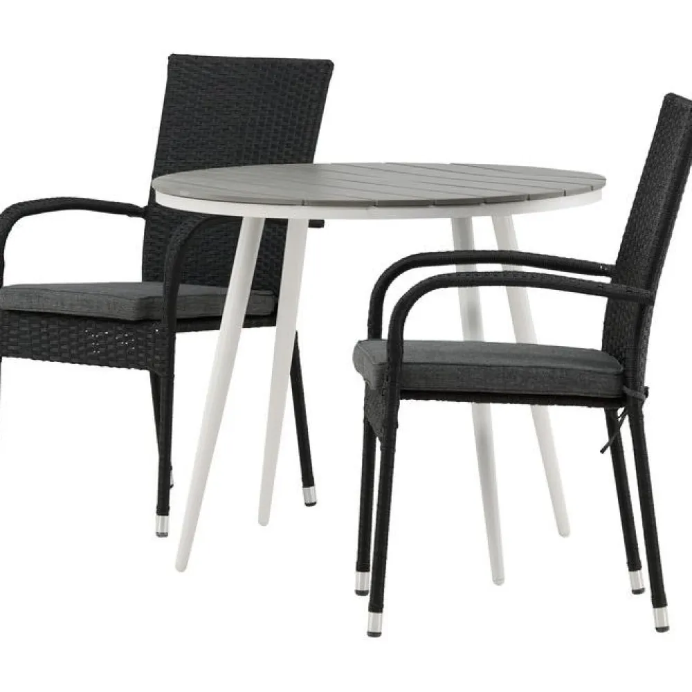 Clearance Venture Home Parvekeryhmä , ø90cm, harmaa/valkoinen Break-pöytä + 2 mustaa Anna-tuolia