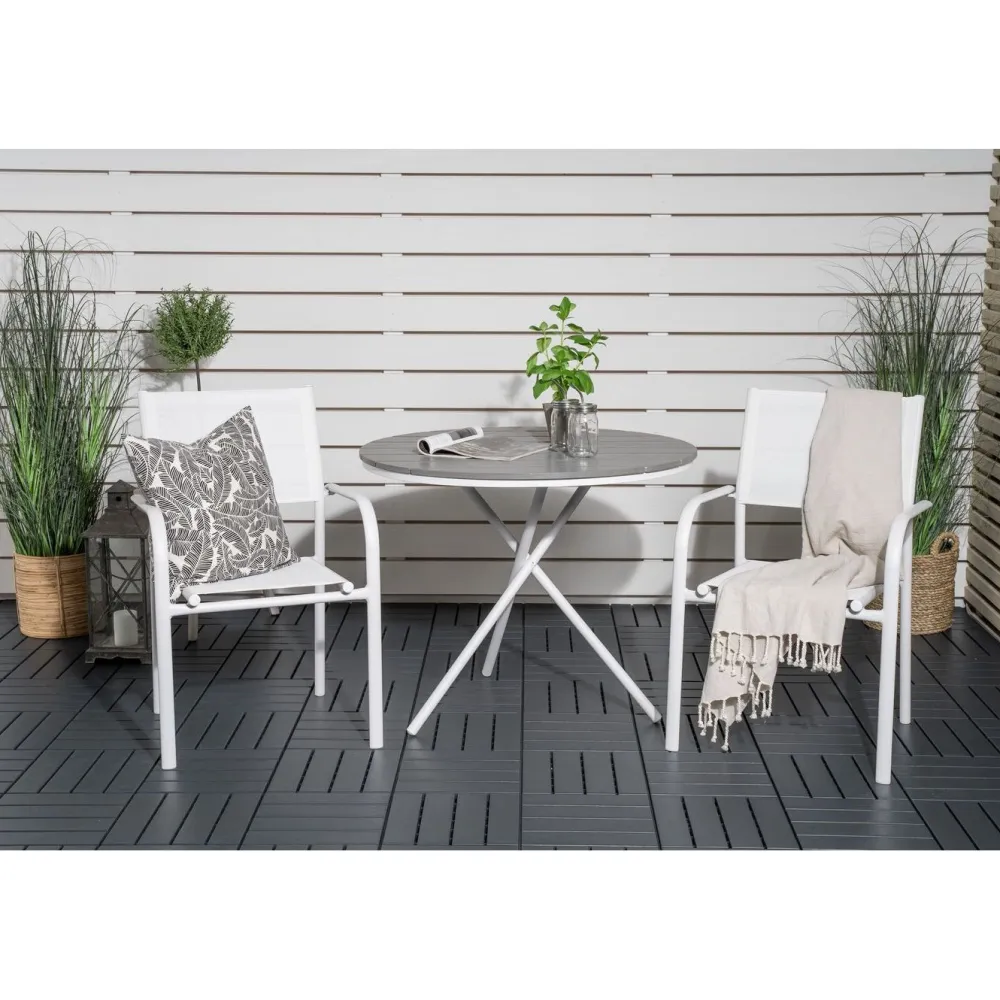 Outlet Venture Home Parvekeryhmä , ø90cm harmaa-valkoinen Parma-pöytä + 2 valkoista, pinottavaa Santorini-tuolia