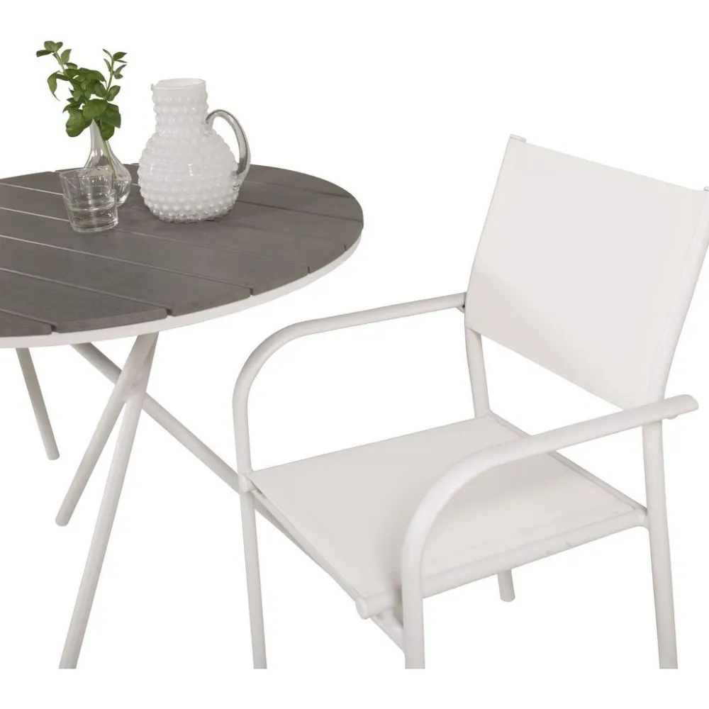 Outlet Venture Home Parvekeryhmä , ø90cm harmaa-valkoinen Parma-pöytä + 2 valkoista, pinottavaa Santorini-tuolia