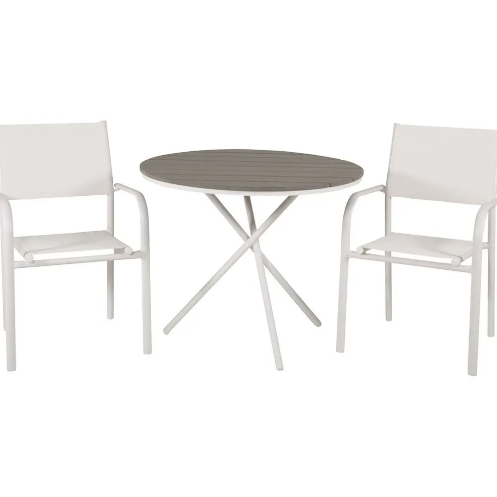 Outlet Venture Home Parvekeryhmä , ø90cm harmaa-valkoinen Parma-pöytä + 2 valkoista, pinottavaa Santorini-tuolia