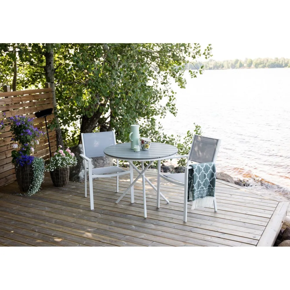 Best Venture Home Parvekeryhmä , ø90cm harmaa-valkoinen Parma-pöytä + 2 harmaa-valkoista Copacabana-tuolia, matala selkänoja