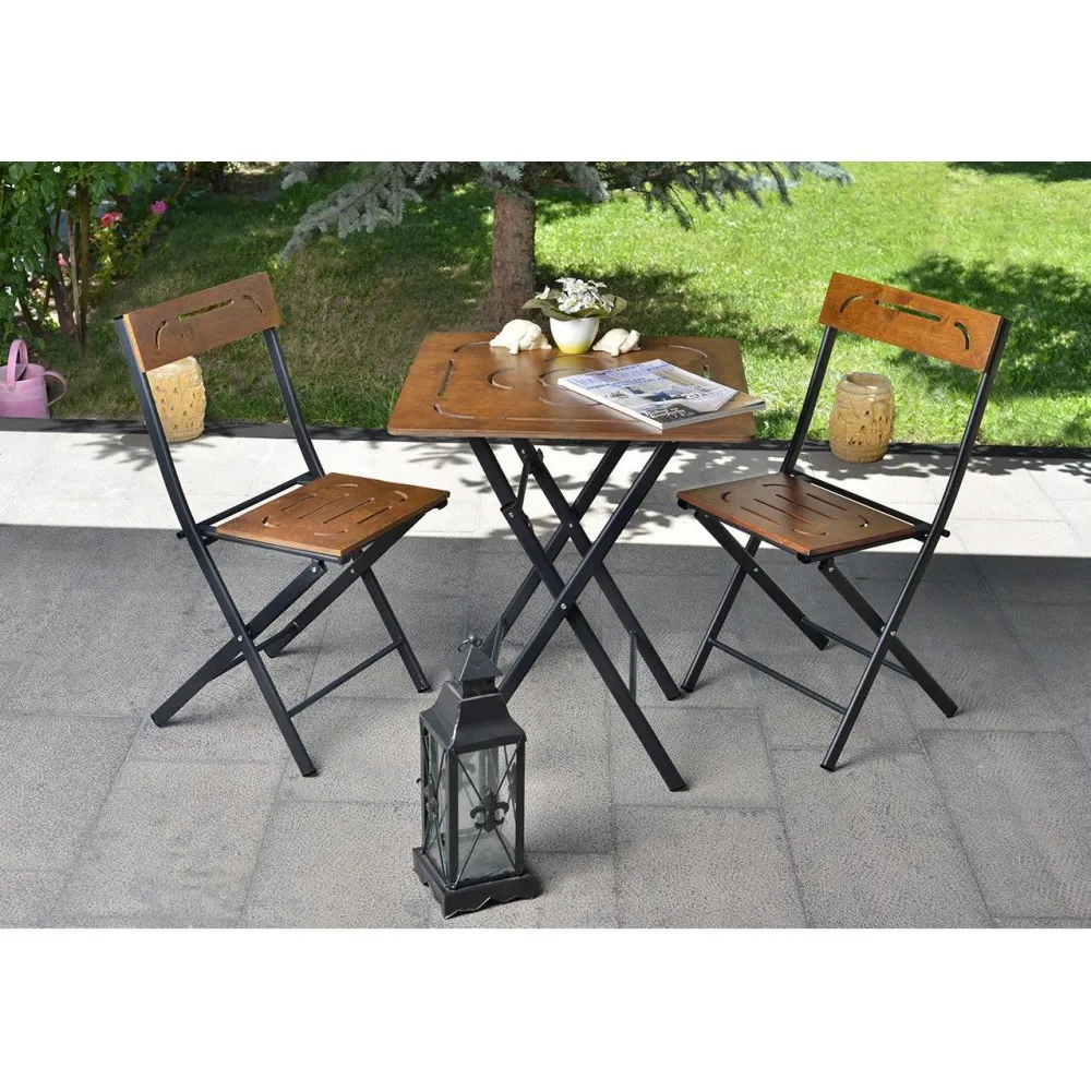 Linento Garden Parvekesetti Bistro Set 3, 2 tuolia + pöytä, kokoontaittuva, musta/pähkinä