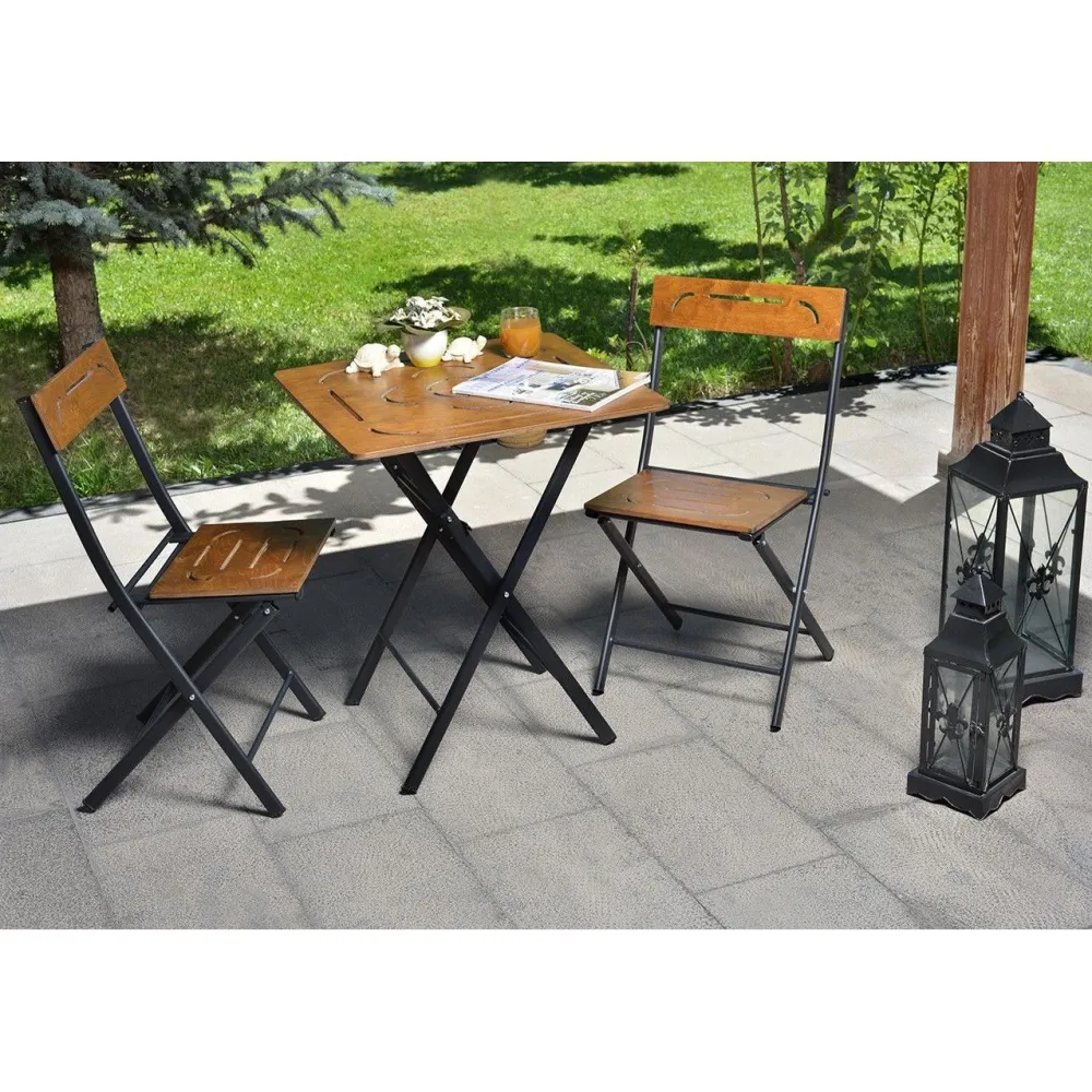 Linento Garden Parvekesetti Bistro Set 3, 2 tuolia + pöytä, kokoontaittuva, musta/pähkinä