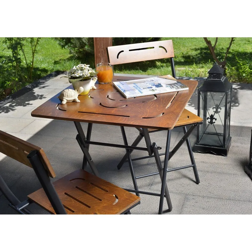 Linento Garden Parvekesetti Bistro Set 3, 2 tuolia + pöytä, kokoontaittuva, musta/pähkinä