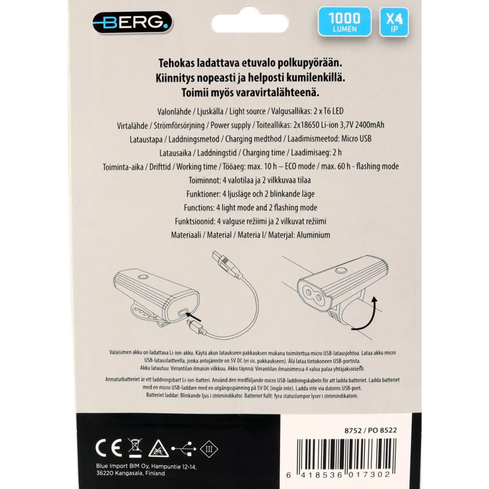 Sale Berg Polkupyörän led-etuvalo , 1000lm, ladattava