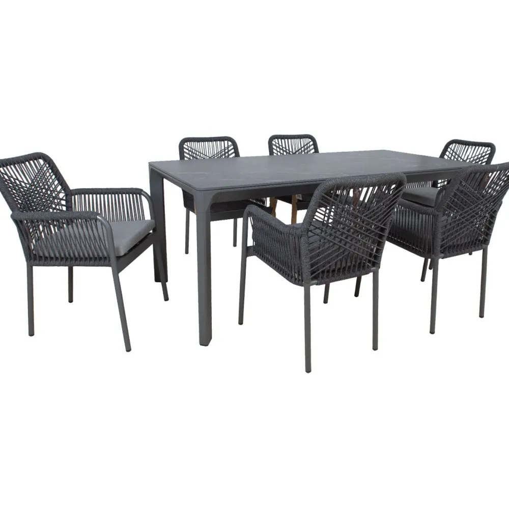 Outlet Home4you Puutarhakalustesetti CARVES olefiiniköysipunostuoleilla, 6 tuolia, harmaa
