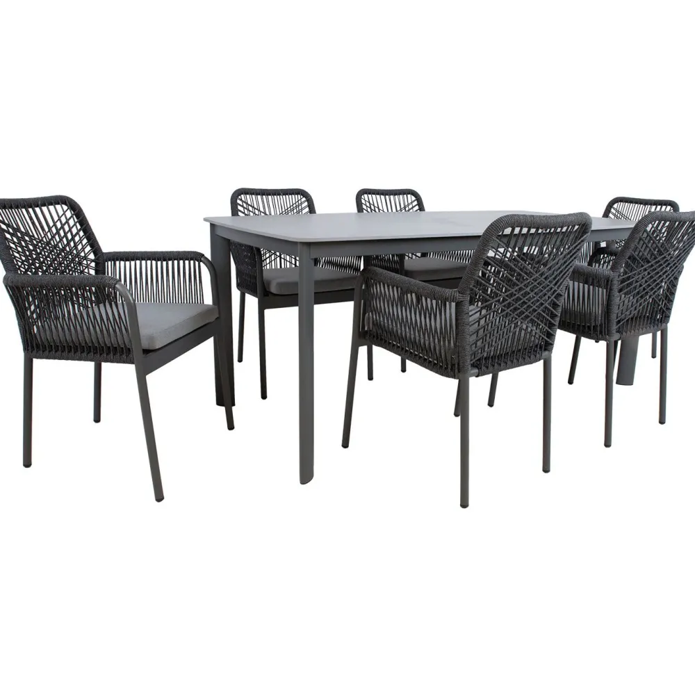 Outlet Home4you Puutarhakalustesetti BEIDA olefiiniköysipunostuoleilla, 6 tuolia, harmaa