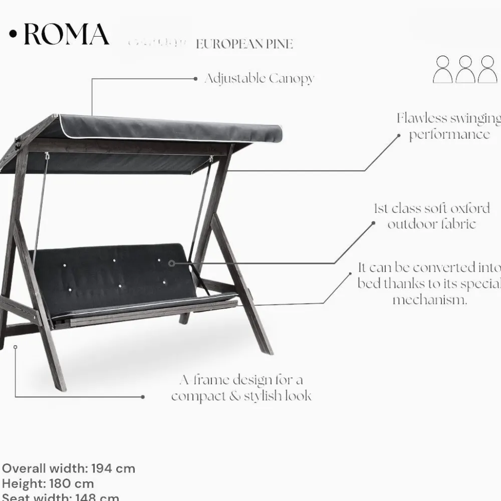 Online Linento Garden Puutarhakeinu Roma, 3-istuttava, laivastonsininen