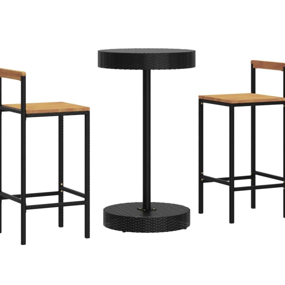 Outlet FinePRICE Puutarhan bistrosarja 3-osainen musta polyrottinki/täysi akasiapuu (87718)