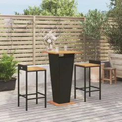 Clearance FinePRICE Puutarhan bistrosarja 3-osainen musta polyrottinki/täysi akasiapuu (87722)
