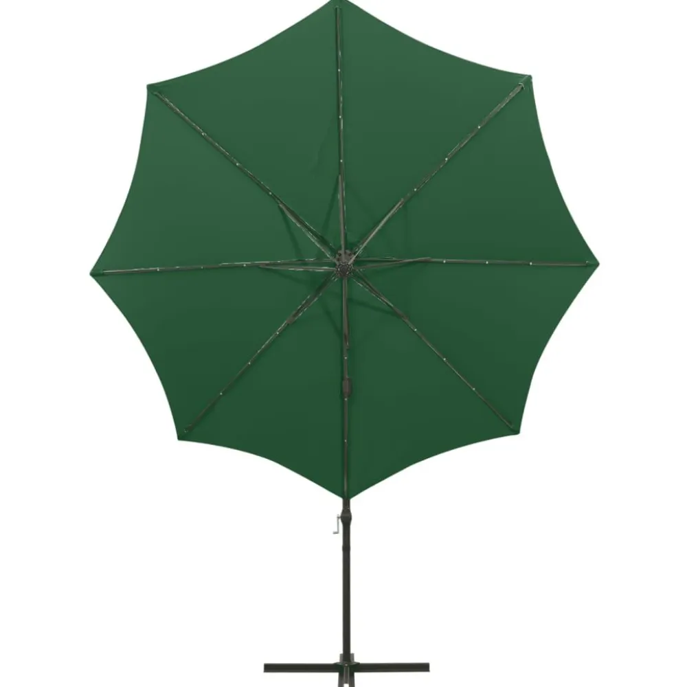 FinePRICE Riippuva aurinkovarjo 3 tangolla ja LED-valoilla 300 cm vihreä
