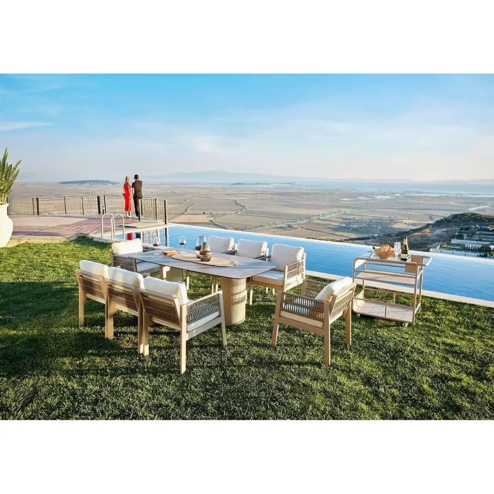 Sale Linento Garden Ruokailuryhmä Toscana Ceramic, 200x100cm pöytä + 8 tuolia, beige