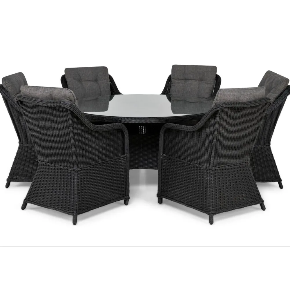 New Comfort Garden Ruokailuryhmä Marcus ø140 cm pöytä + 6 nojatuolia musta/harmaa