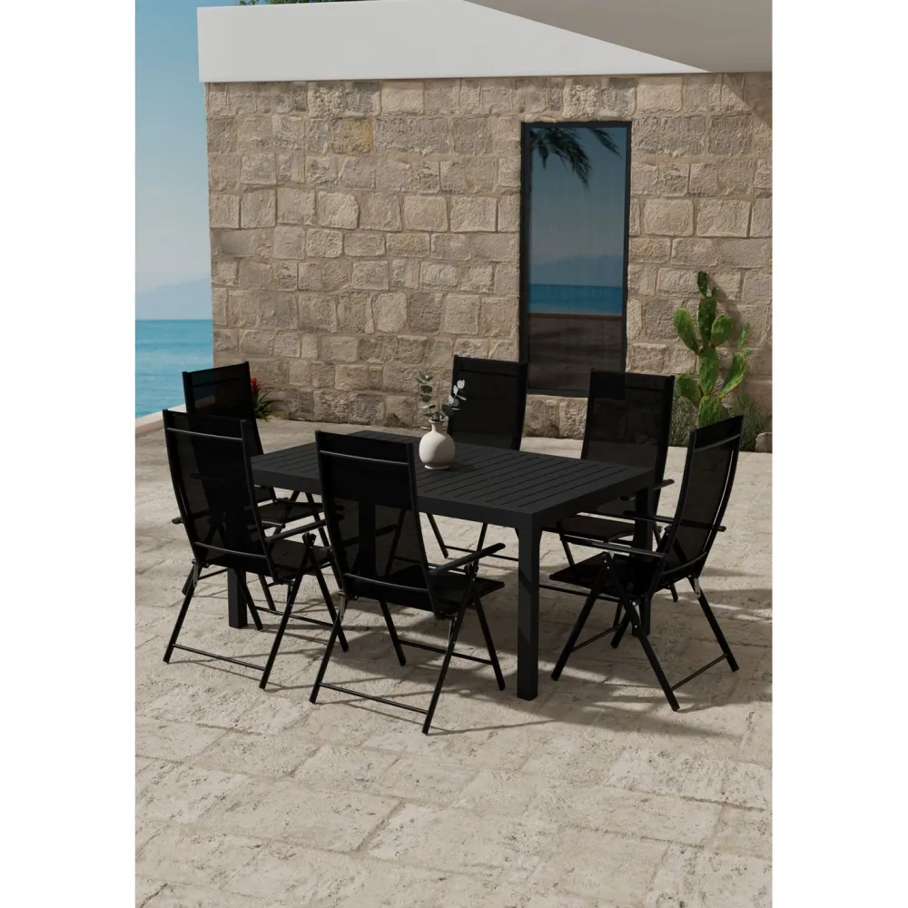 Discount Venture Home Ruokailuryhmä ulos , musta Capo-pöytä 160x100cm + 6 mustaa Levanzo-tuolia