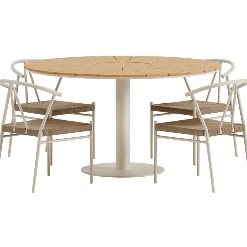 Online Venture Home Ruokailuryhmä ulos , beige Croft-pöytä Ø120cm + 4 beigeä Alfons-tuolia