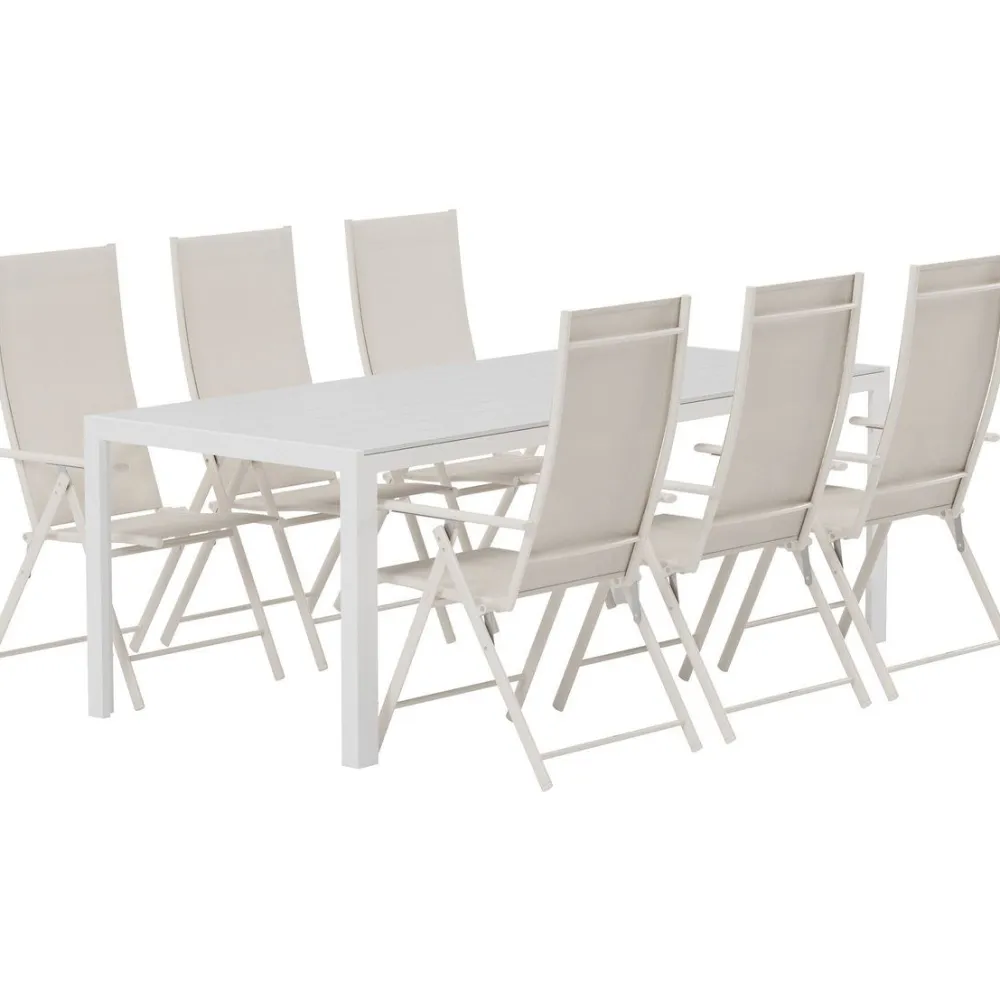 Clearance Venture Home Ruokailuryhmä ulos , valkoinen Break-pöytä 205x90cm + 6 beigeä Levanzo-tuolia
