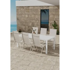 Clearance Venture Home Ruokailuryhmä ulos , valkoinen Break-pöytä 205x90cm + 6 beigeä Levanzo-tuolia