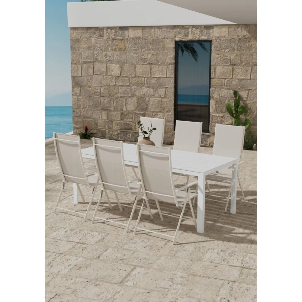 Clearance Venture Home Ruokailuryhmä ulos , valkoinen Break-pöytä 205x90cm + 6 beigeä Levanzo-tuolia