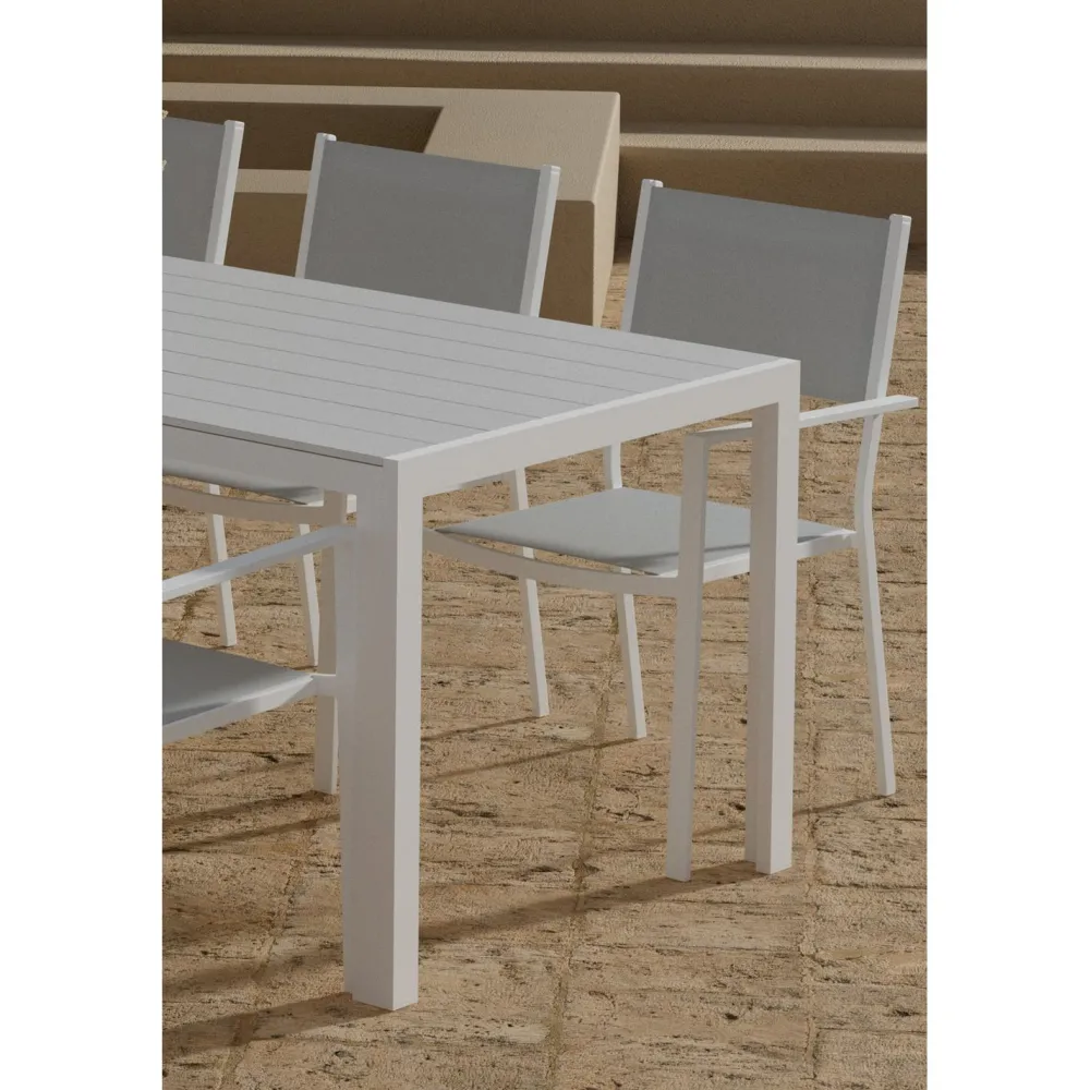 Online Venture Home Ruokailuryhmä ulos , valkoinen Break-pöytä 205x90cm + 6 harmaata Copacabana-tuolia