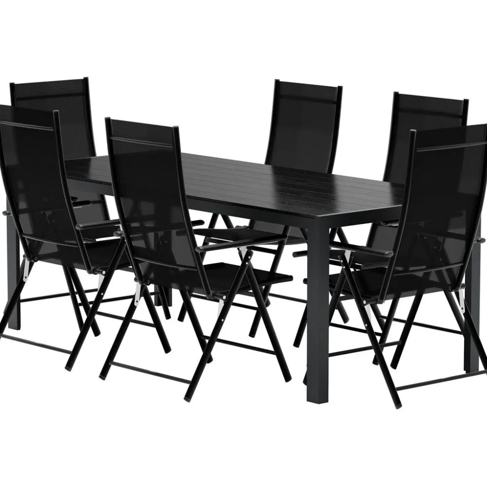 New Venture Home Ruokailuryhmä ulos , musta Break-pöytä 205x90cm + 6 mustaa Levanzo-tuolia