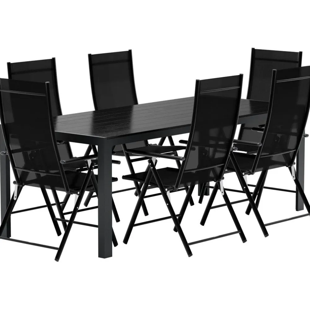 New Venture Home Ruokailuryhmä ulos , musta Break-pöytä 205x90cm + 6 mustaa Levanzo-tuolia