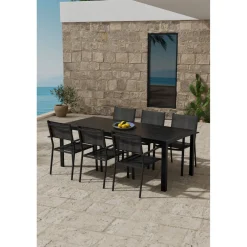Outlet Venture Home Ruokailuryhmä ulos , musta Break-pöytä 205x90cm + 6 mustaa Copacabana-tuolia