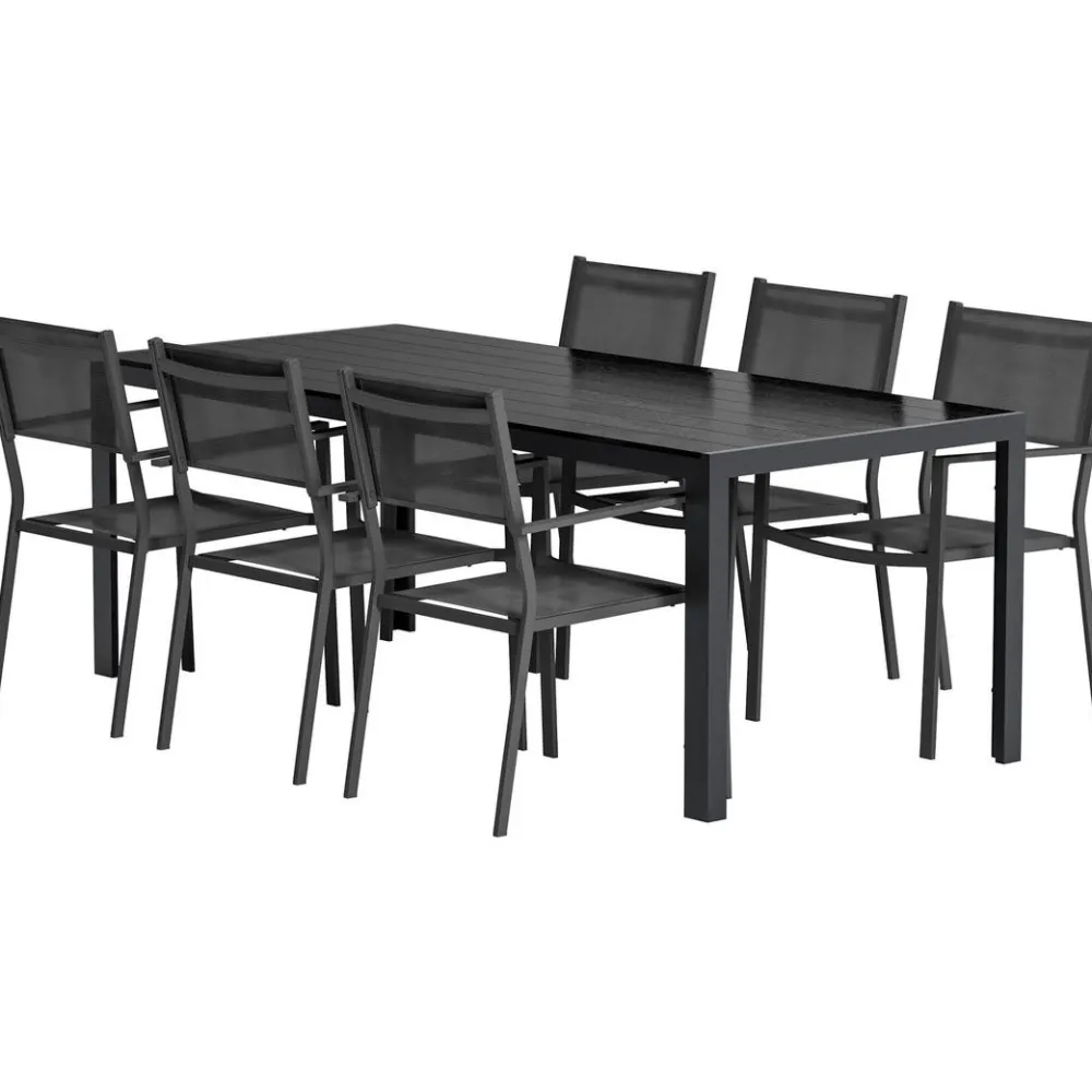 Outlet Venture Home Ruokailuryhmä ulos , musta Break-pöytä 205x90cm + 6 mustaa Copacabana-tuolia