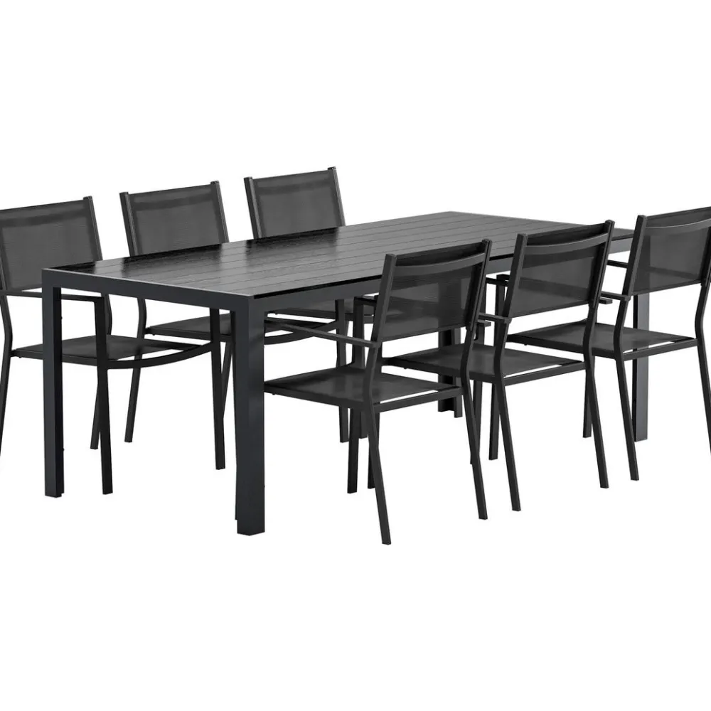 Outlet Venture Home Ruokailuryhmä ulos , musta Break-pöytä 205x90cm + 6 mustaa Copacabana-tuolia