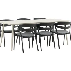 New Venture Home Ruokailuryhmä ulos , beige Lina-pöytä 200x90cm + 6 mustaa Slit-tuolia
