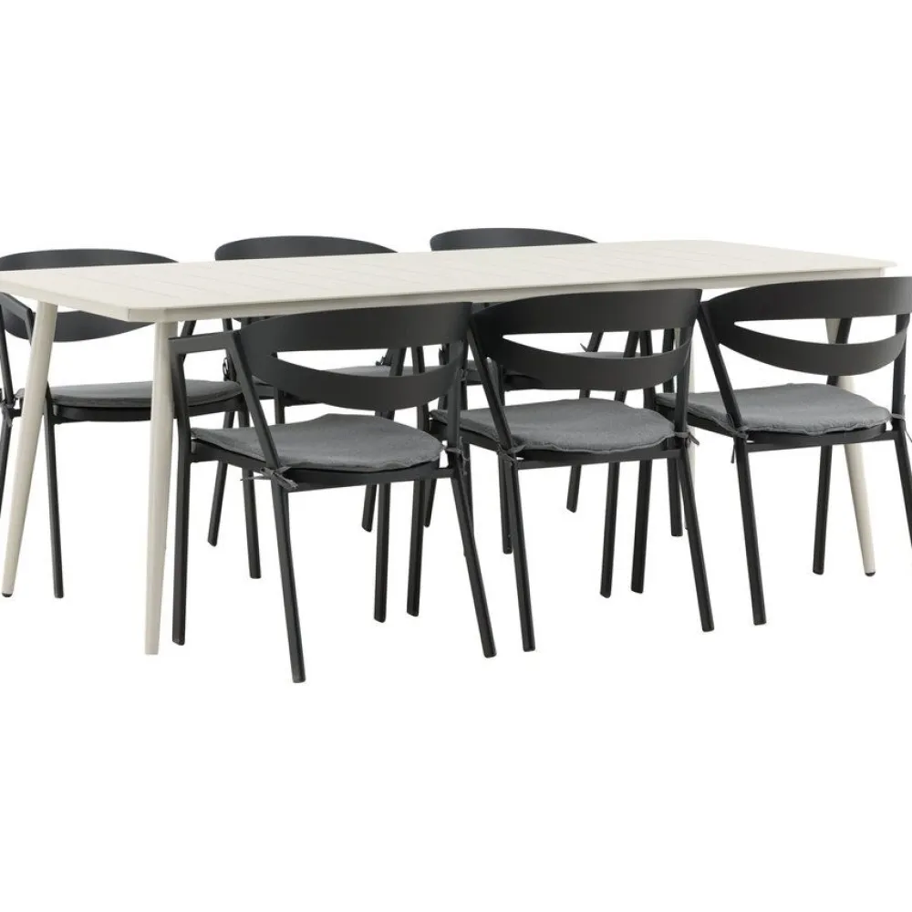 New Venture Home Ruokailuryhmä ulos , beige Lina-pöytä 200x90cm + 6 mustaa Slit-tuolia