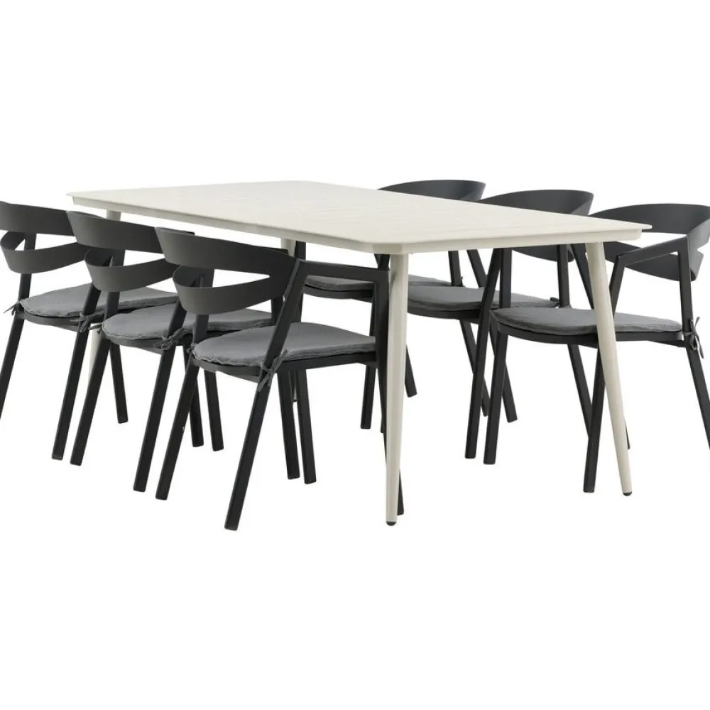 New Venture Home Ruokailuryhmä ulos , beige Lina-pöytä 200x90cm + 6 mustaa Slit-tuolia