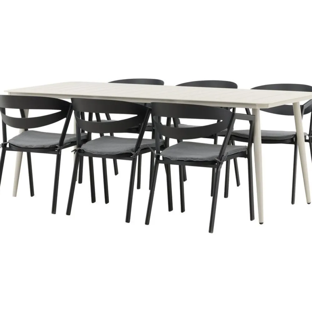 New Venture Home Ruokailuryhmä ulos , beige Lina-pöytä 200x90cm + 6 mustaa Slit-tuolia