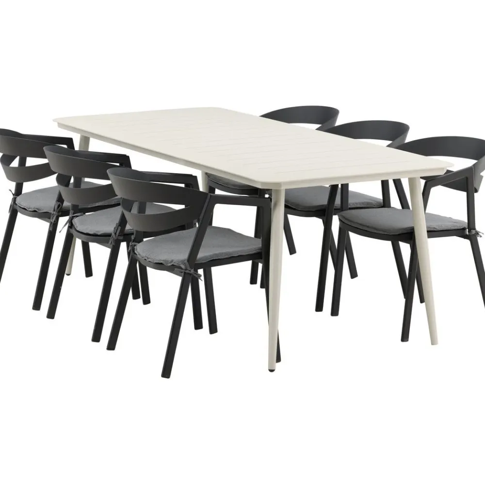 New Venture Home Ruokailuryhmä ulos , beige Lina-pöytä 200x90cm + 6 mustaa Slit-tuolia