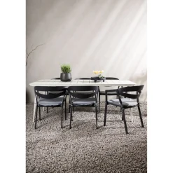 New Venture Home Ruokailuryhmä ulos , beige Lina-pöytä 200x90cm + 6 mustaa Slit-tuolia