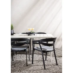 New Venture Home Ruokailuryhmä ulos , beige Lina-pöytä 200x90cm + 6 mustaa Slit-tuolia